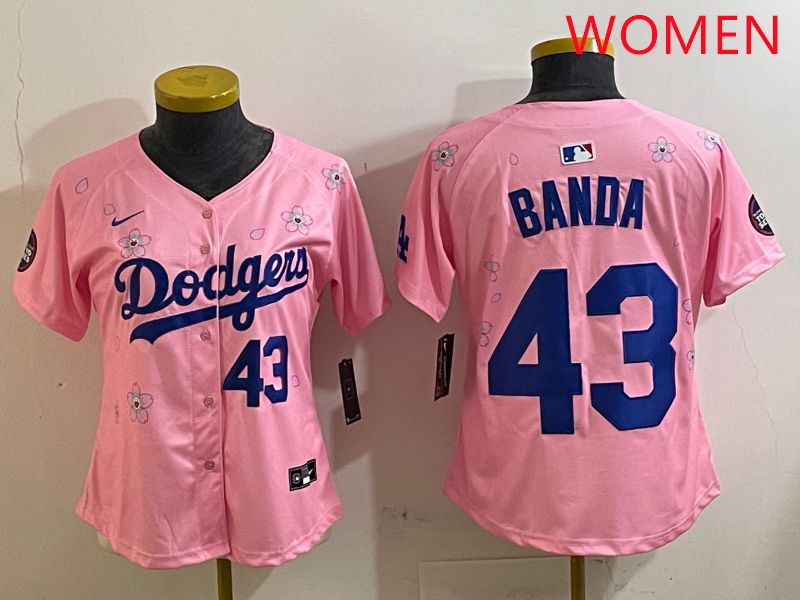 Women Los Angeles Dodgers 43 Banda Pink White Blue Sakura Edition 2025 Nike MLB Jersey style 2